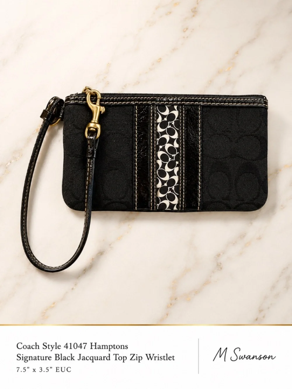 Coach Hamptons Signature Black Jacquard Top Zip Wristlet 41047